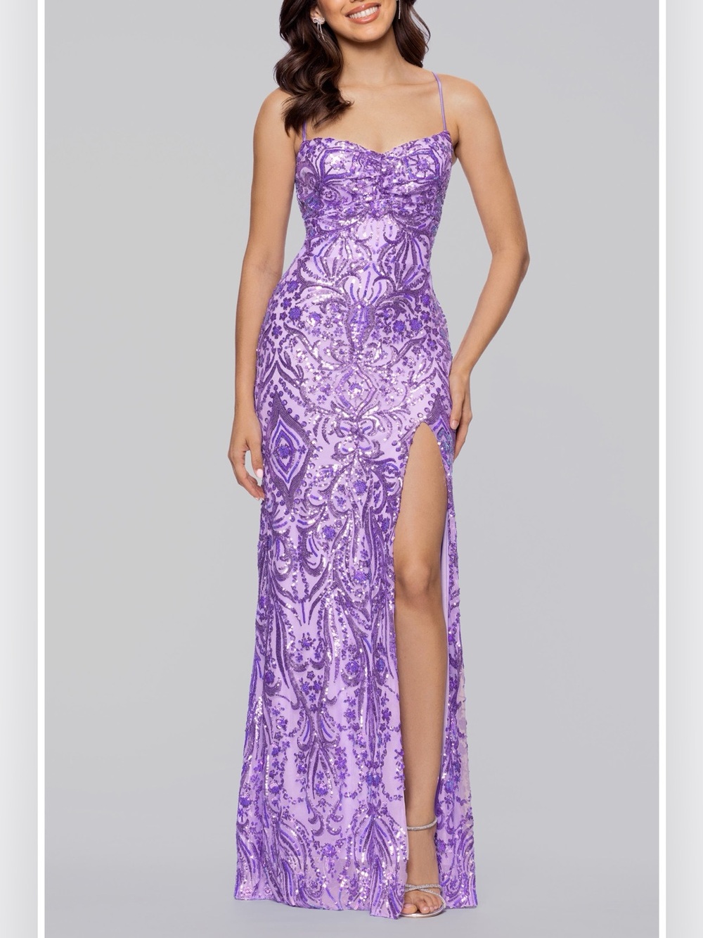 Blondie Nites Purple Sequin Paisley Formal Gown Thigh Slit Size 7 Lace Up Back